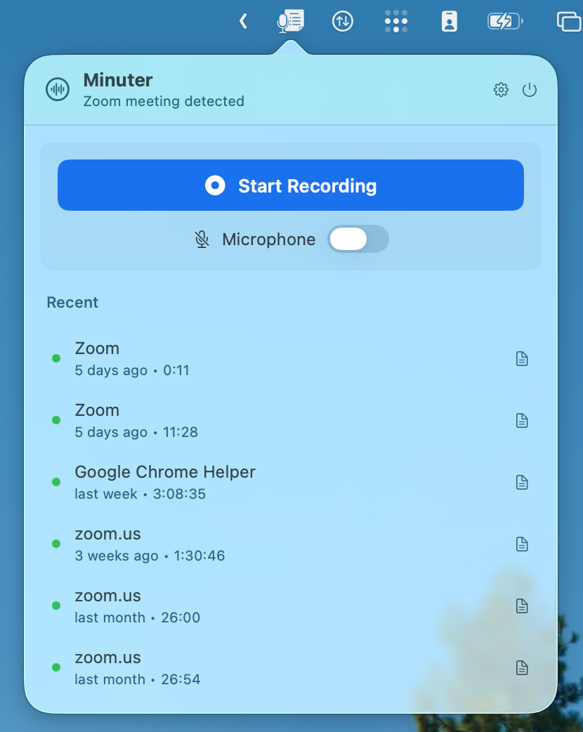 Minuter popover with a transcribed meeting and its generated markdown minutes