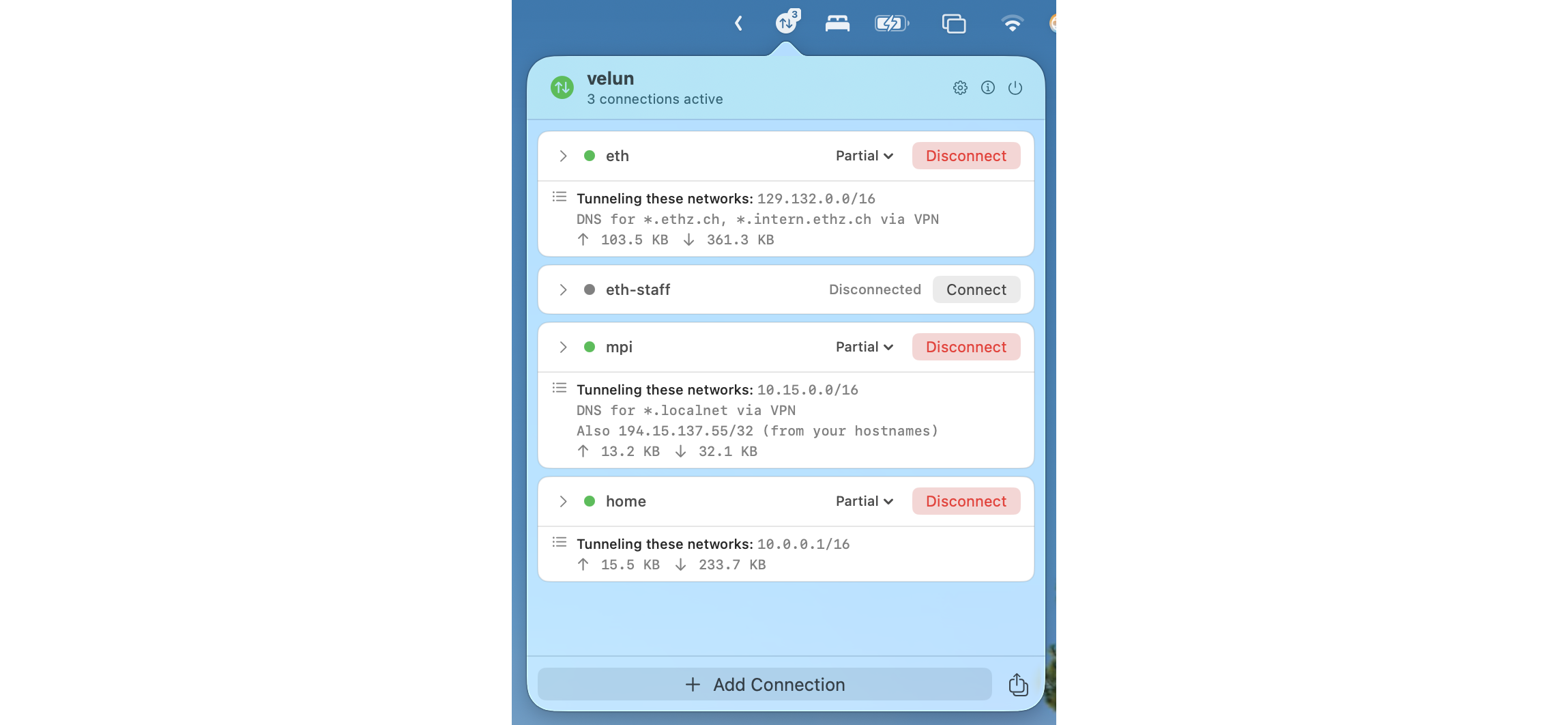 velun popover showing two active VPN connections with split-tunnel subnet details